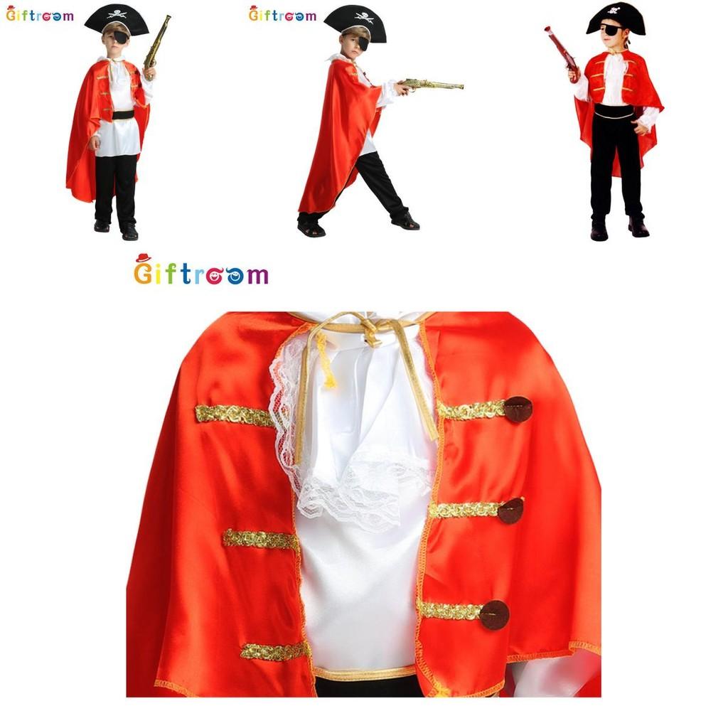 Classic Caribbean Pirate Costume For Kids With Vibrant Red Cloak And Soft Polyester Fabric