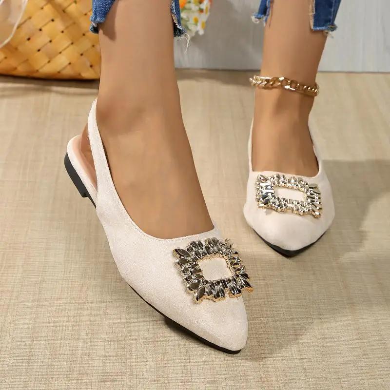 Fashion Daily Pointed Toe Sandals Women 2025 Summer Big Crystal Buckle Flat Heels Shoes Women Elegant White Driving Shoes