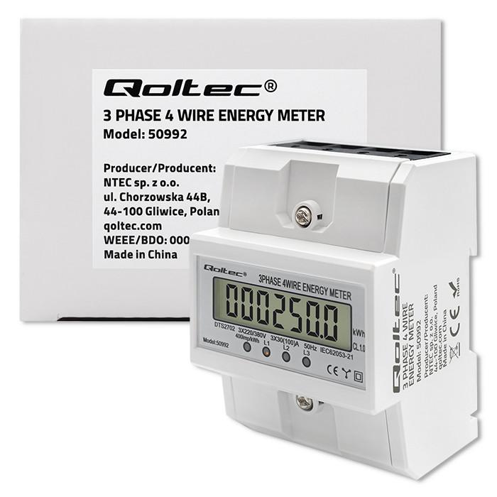 Qoltec Dreiphasen-bidirektionales elektronisches Messgerät | Energiezähler für Hutschiene | 400V | 100A | LCD | 4P