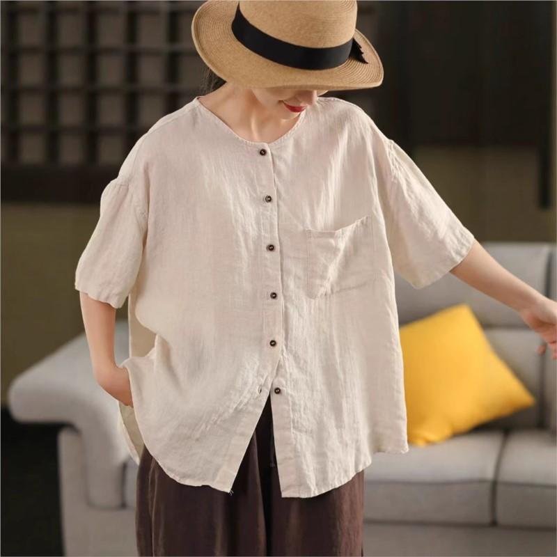 Johnature Women Vintage Solid Color Shirts O-Neck Half Sleeve Patchwork Pockets Summer Loose Casual Button Shirts