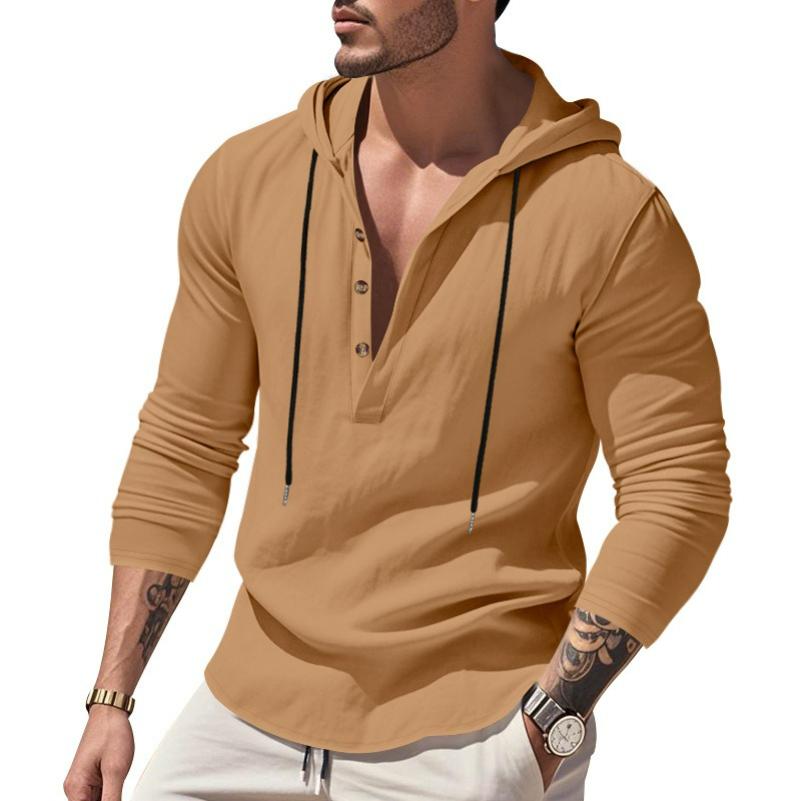 Men's Spring and Autumn Long-sleeved Linen Shirt Hooded Bottoming Shirt Casual T-shirt Sweater Men