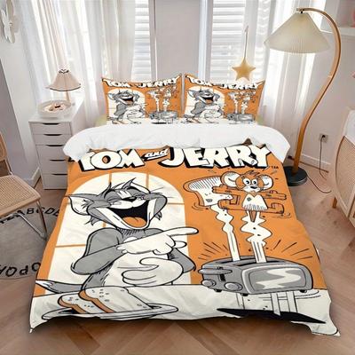 3-delige Happy Tom & Jerry Beddengoedset, Zachte en Comfortabele Dekbedovertrek voor Slaapkamer, Logeerkamer (1 Dekbedovertrek + 2 Kussenslopen, Kussen