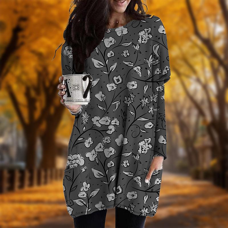 Neu im Herbst Linie Blumendruck Plus Size Kleid Frauen Oansatz Lange Ärmel Casual Tasche Kleider