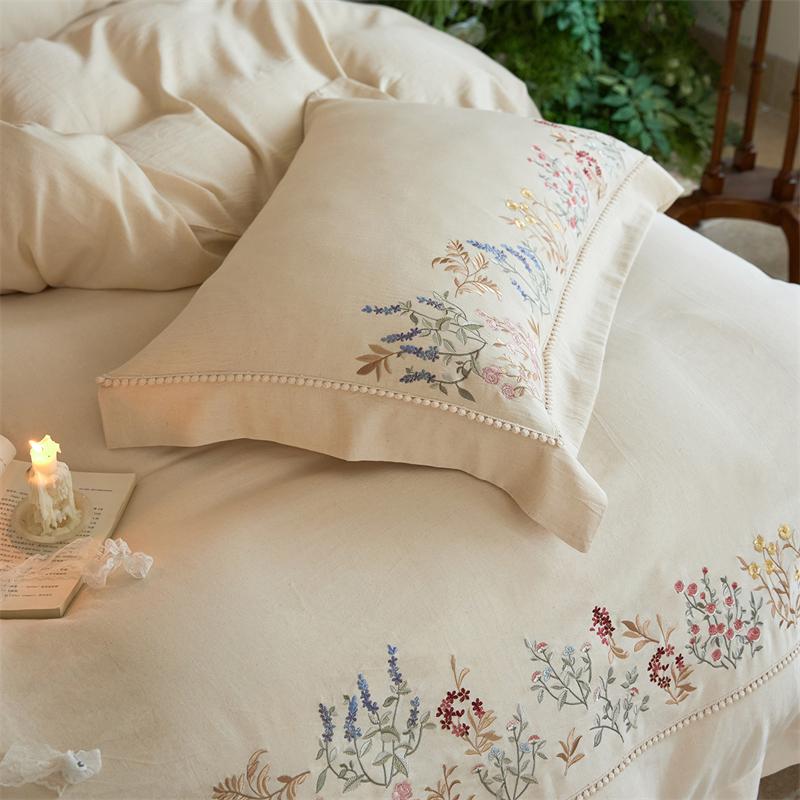 Natural Cotton Linen Vintage French Flowers Embroidery Luxury Bedding Set Duvet Cover Flat/Fitted Bed Sheet Pillowcases 4Pcs