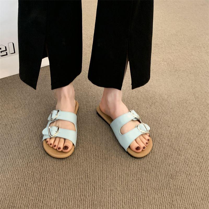 2025 summer double-breasted slippers women's flat-bottomed versatile casual outer wear lazy Boken one-word cool slippers explosion