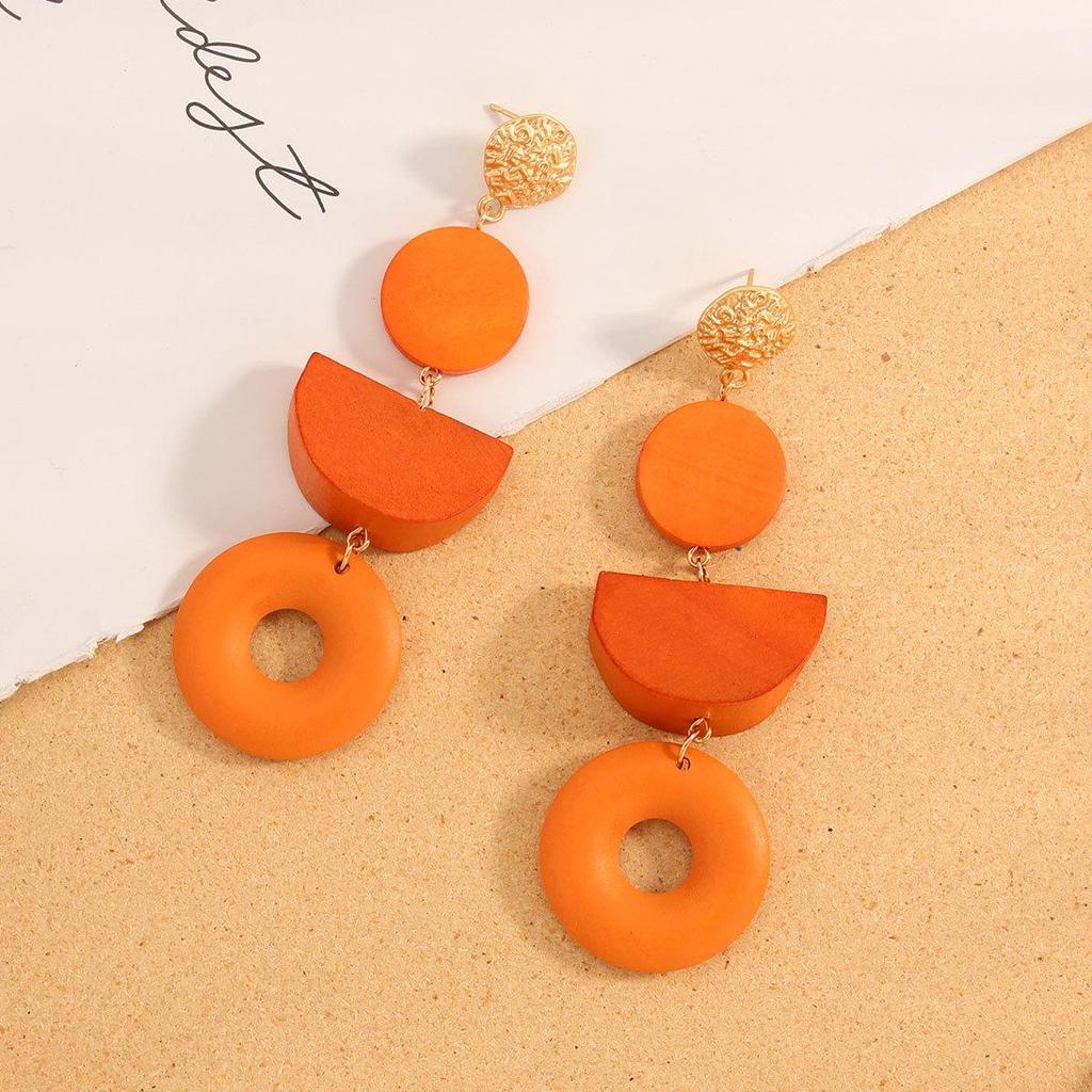 Geometric wooden earrings retro round color blocked earrings hollowed out wooden earrings wood art color blocked design