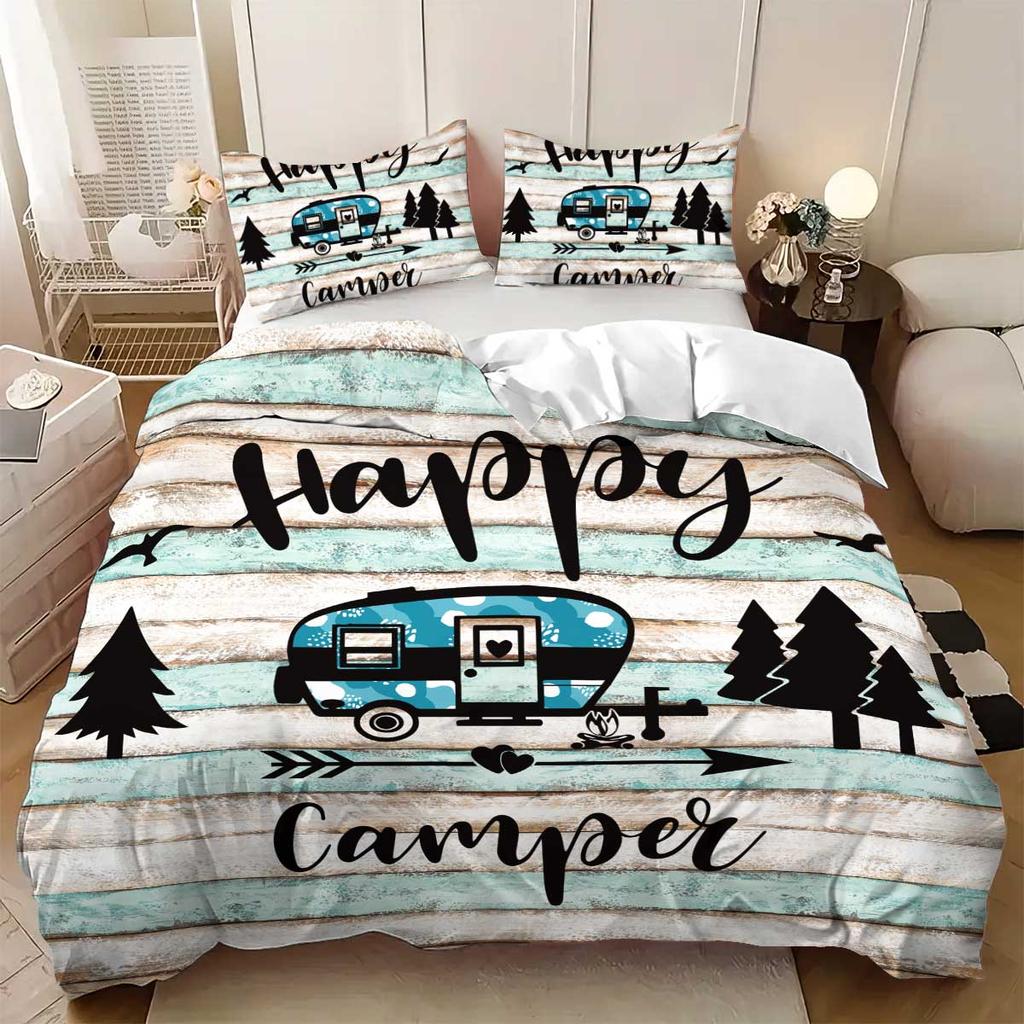 3-piece set,happy camper and forest pattern printed bedding set, queen, king, double bed, party  funny and creative bedding set