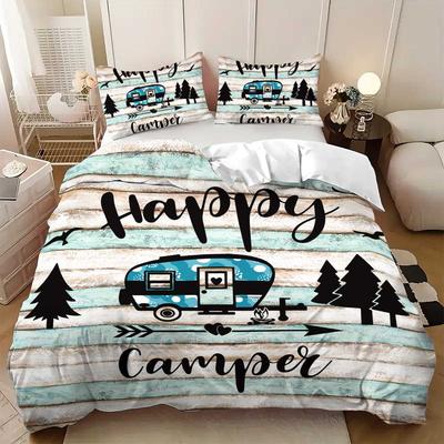 3-piece Set,happy Camper and Forest Pattern Printed Bedding Set, Queen, King, Double Bed, Party Funny and Creative Bedding Set