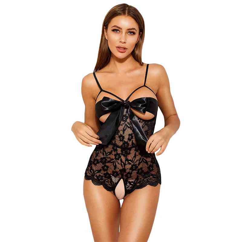 Damen Spitzenunterwäsche Babydoll mit Knoten vorne, offenem Schritt, einteiliger Body aus bestickter Blumenspitze, sexy Babydoll