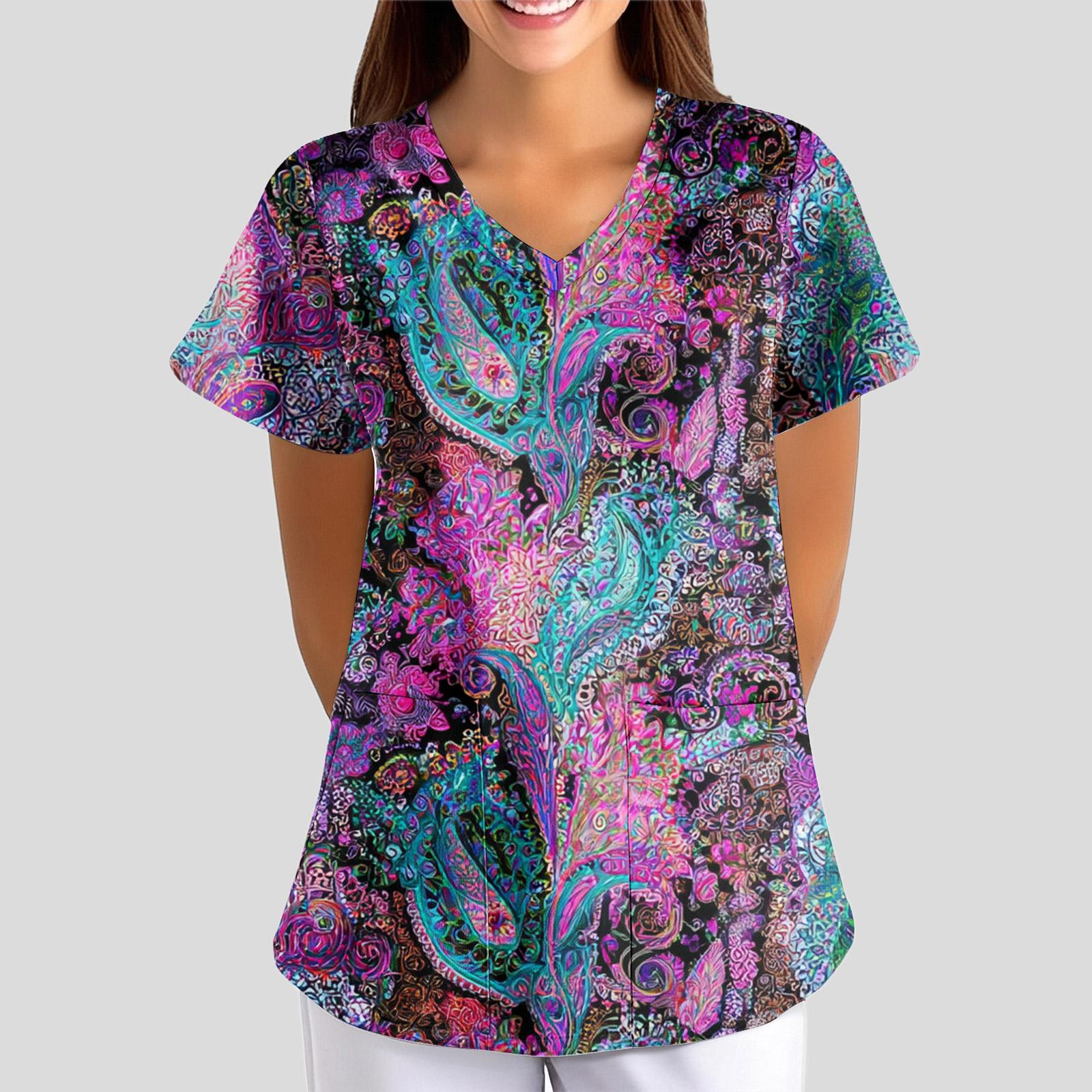 

Женская свободная футболка/униформа с цветочным принтом, V-образным вырезом и короткими рукавами L темно-синий