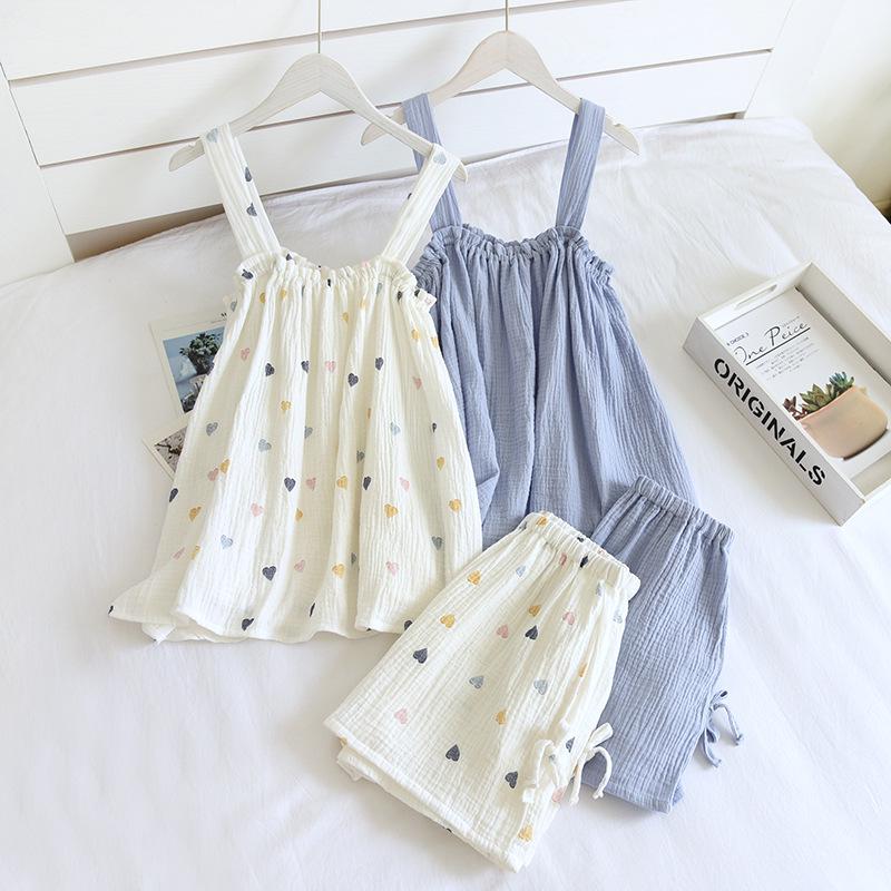 Women's Summer Cotton Gauze Pajama Set - Korean Camisole & Shorts, Sweet and Loose Homewear.