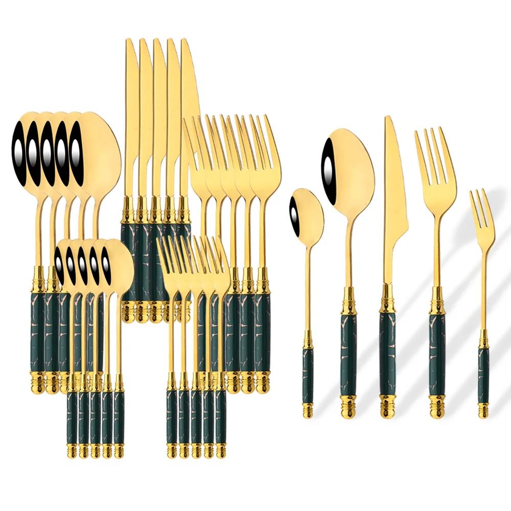 30Pcs Creative Imitation Ceramics Handle Dinnerware Set White Gold Cutlery Stainless Steel Tableware Knives Forks Spoon Flatware