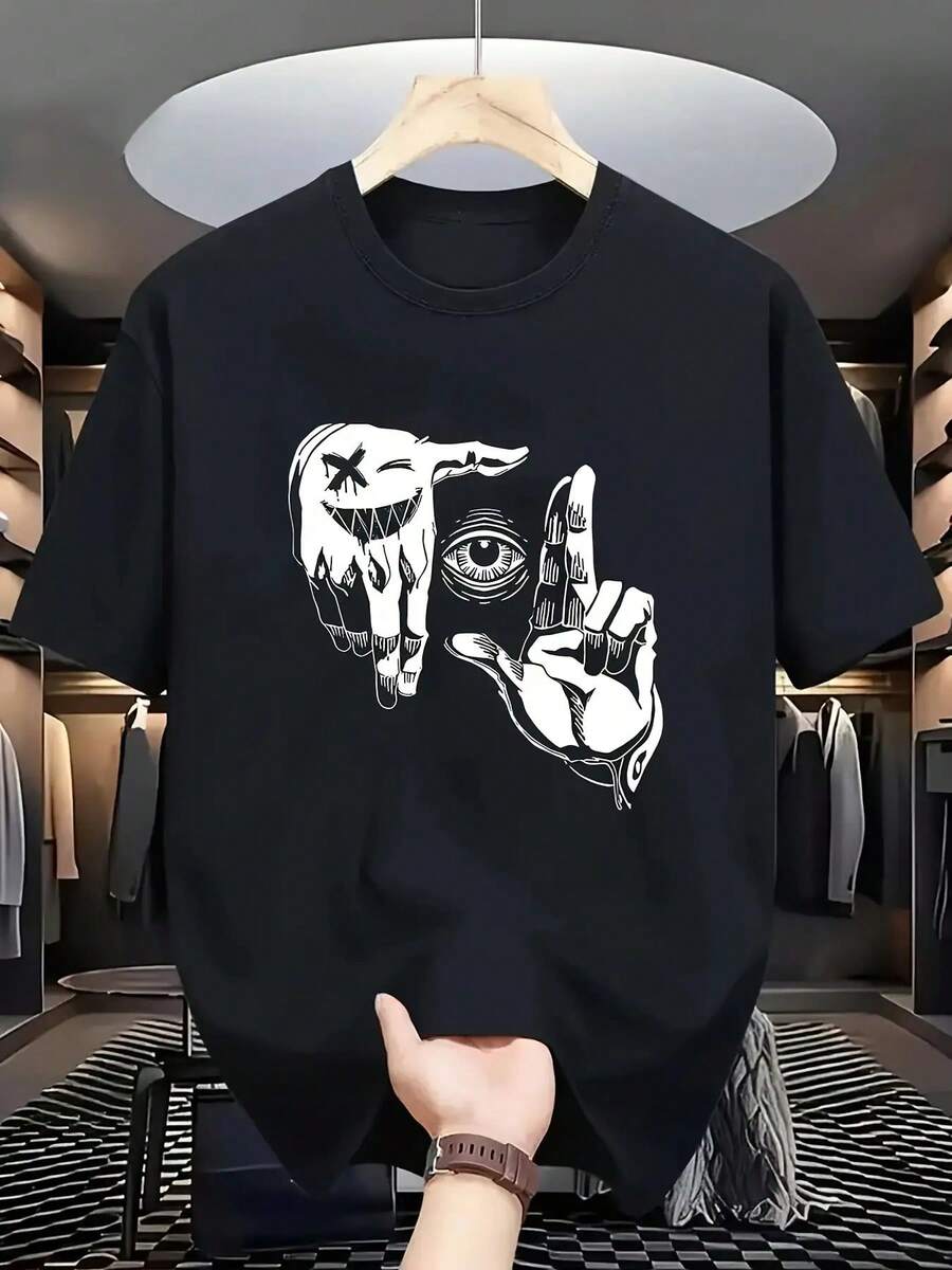 Унисекс Повседневная Футболка с Графическим Принтом Глаза и Руки - Черно-Белый Дизайн S
