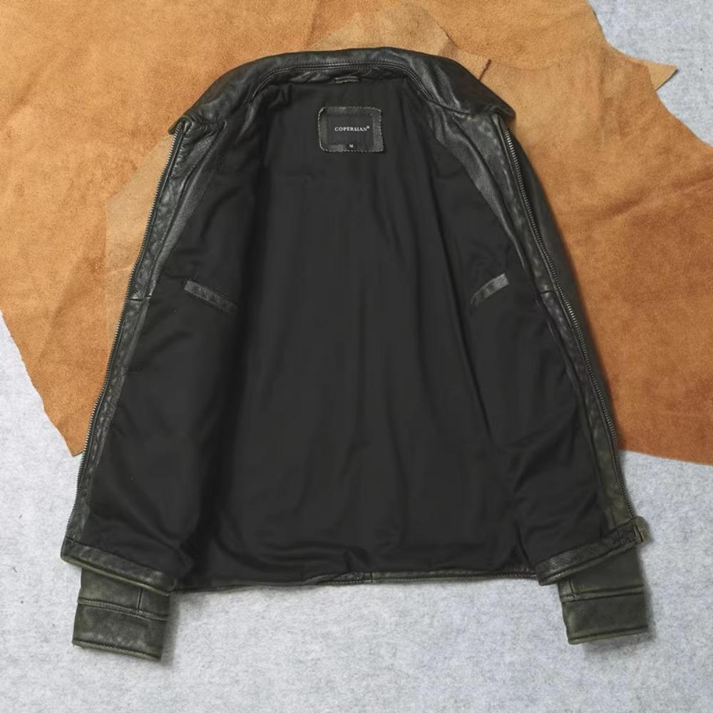 Chinese Size Vintage Olive Green Genuine Cowhide Men Leather Jacket Autumn Turn Down Collar Real Leather Coat