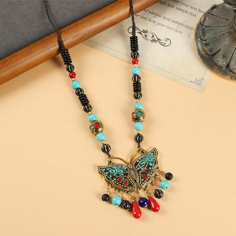 Original Design Nepalese Butterfly Necklace Vintage Clavicle Chain Exotic Style Tassel Frontier Tibetan Headdress