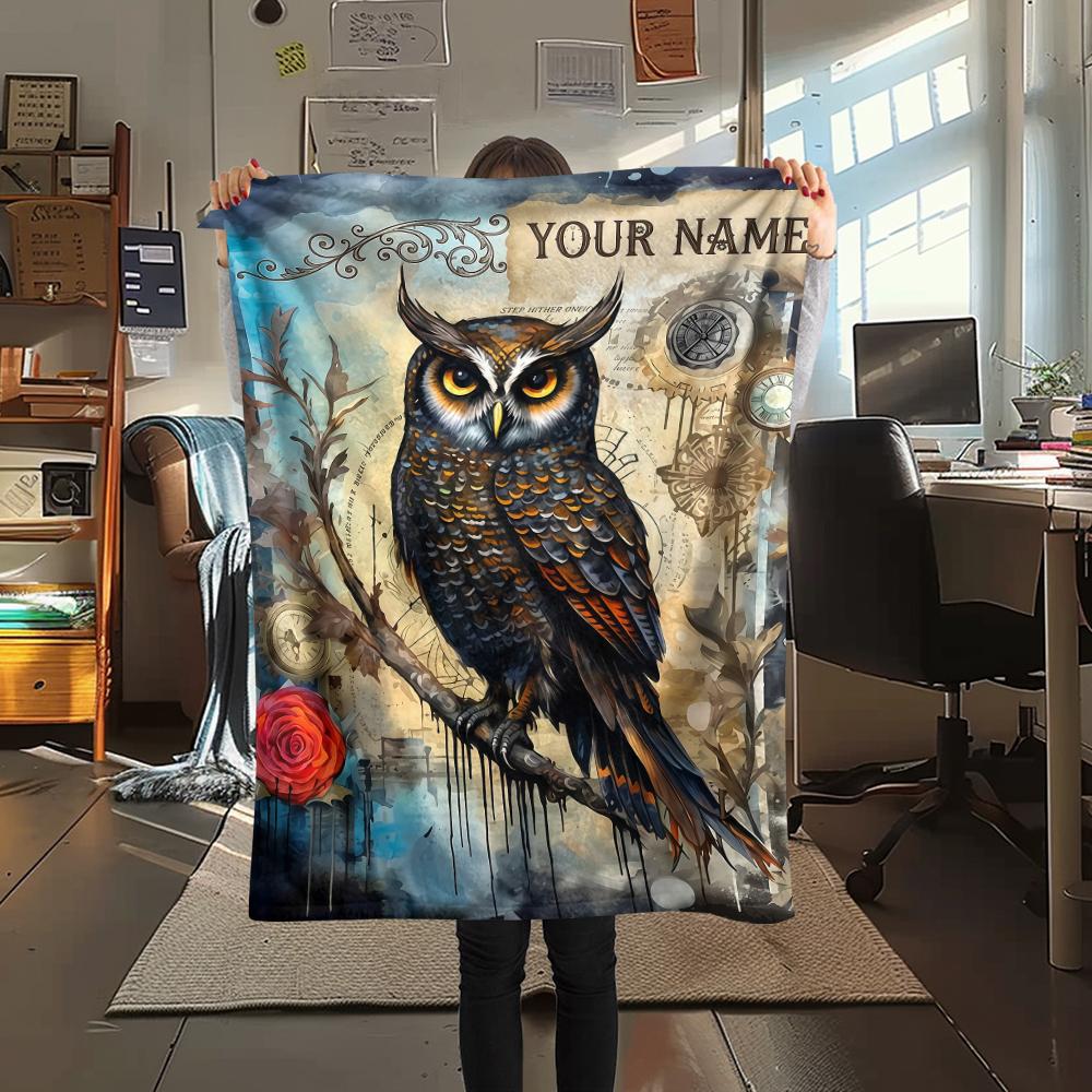 1PC Custom Name Autumn Owl Patterned Flannel Blanket Suitable For All Seasons for Home Decor Warmth and Comfort Gifts Holiday Present_lx