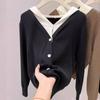 Fake Two-piece Knitted Cardigan Women's Autumn Small Man Wearing Hooded Sweater Jacket Casual Loose Short Top