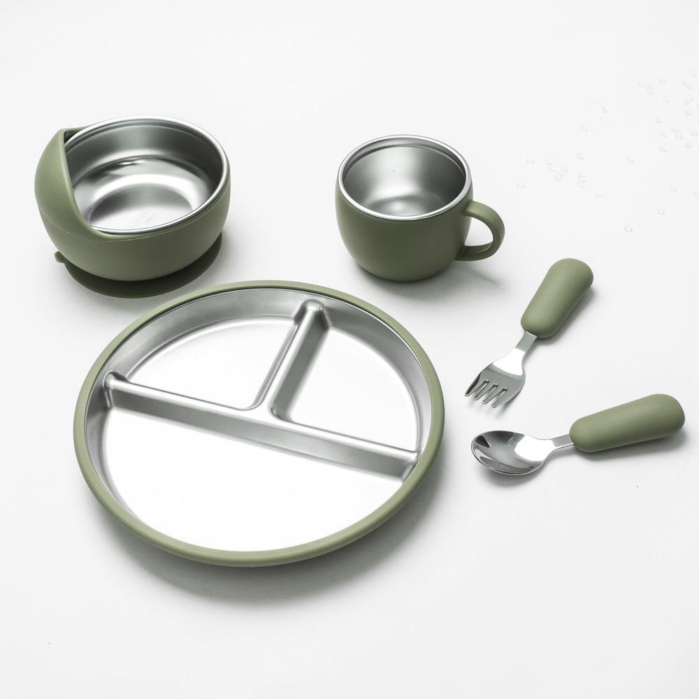 Stainless Steel Kids' Dinner Set with Anti-Slip Silicone Suction & Utensils