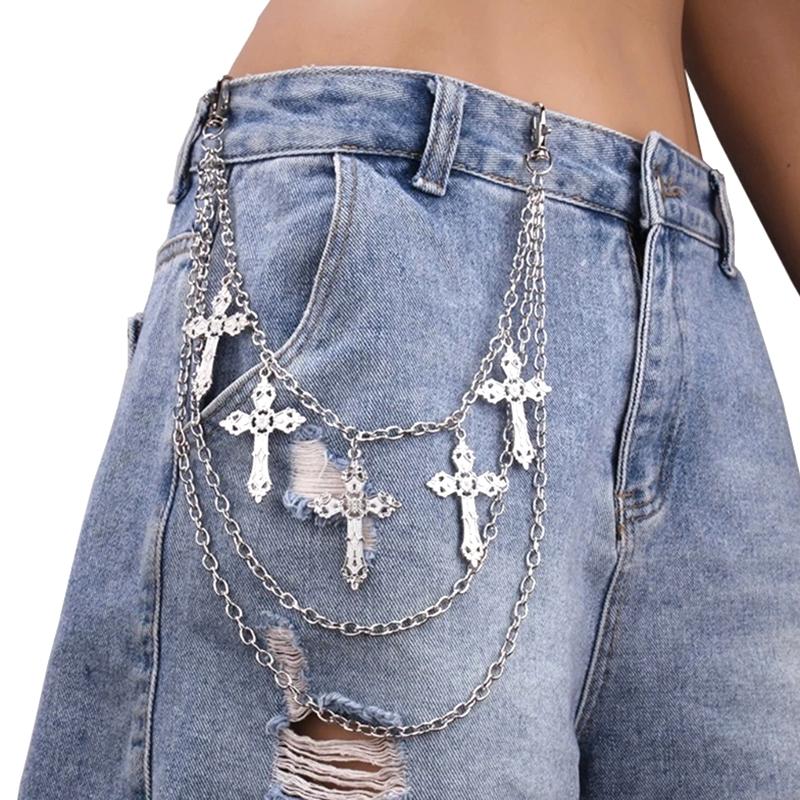 Punk Jeans Pants Chain Multi Layer Chain Punk Cross Charm Waist Wallet Chain Harajuku Belt For Hip Hop Dancers