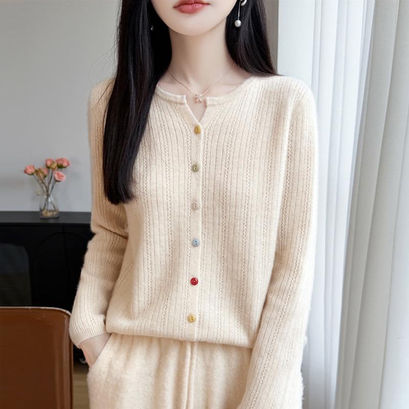 Women's Plus Size Hollow Knit Wool Cardigan - Long Sleeve, Round Neck Sweater Coat