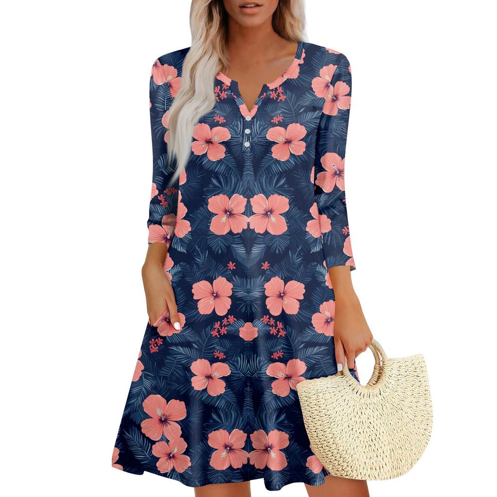 Women's Summer Dress Loose V Neck Three-quarter Sleeve Sundress With Pockets Dress