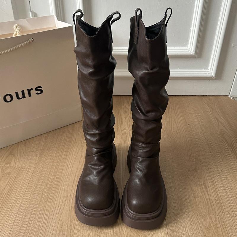 Autumn Winter Platform Thick Bottom Women's Long Boots Slip on Shoes Vintage Ladies Knight Boots