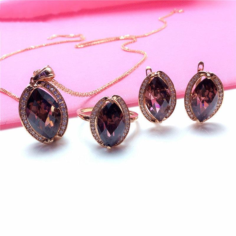 Exquisite Russian 585 Purple Gold Luxury Flash Diamond Smoke Stone Oval Pendant Rich Rose Gold Plated Colored Gold Necklace