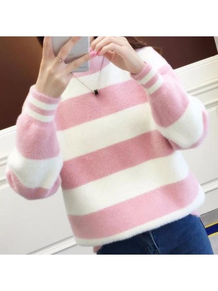 Autumn and Winter Imitation Mink Semi-turtleneck Velvet Thickened Warm Pullover Sweater Women's Loose Striped Bottoming Shirt
