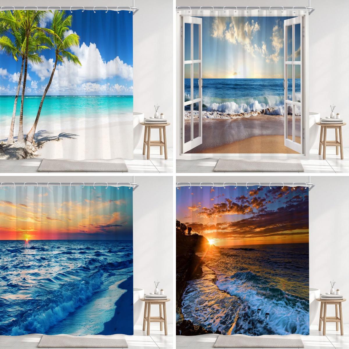 Dunika Chen Dusk Sunset Ocean Beach Outdoor Scenery Shower Curtain Seaside Nature Scenery Polyester Fabric Home Bath Curtains Bathroom Decor