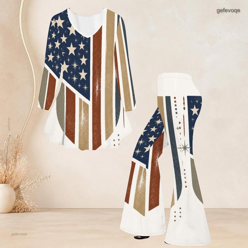 Women Plus Size Round Neck Three Quarter Sleeve Eagle Printed Flared Top Flared Pants Two Piece Set
