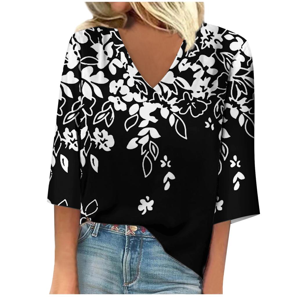 Women's Shirt Blouse Casual Loose Shirts  3/4 Sleeve  Print  V Neck Tops Print  Tops T-shirts Tee
