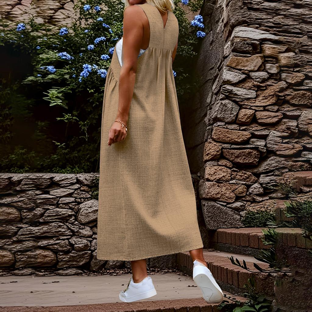 Women Sleeveless Solid Suspender Long Dress Casual Loose Fit Adjustable Strap Overall Style Maxi Skirt for Daily Wear