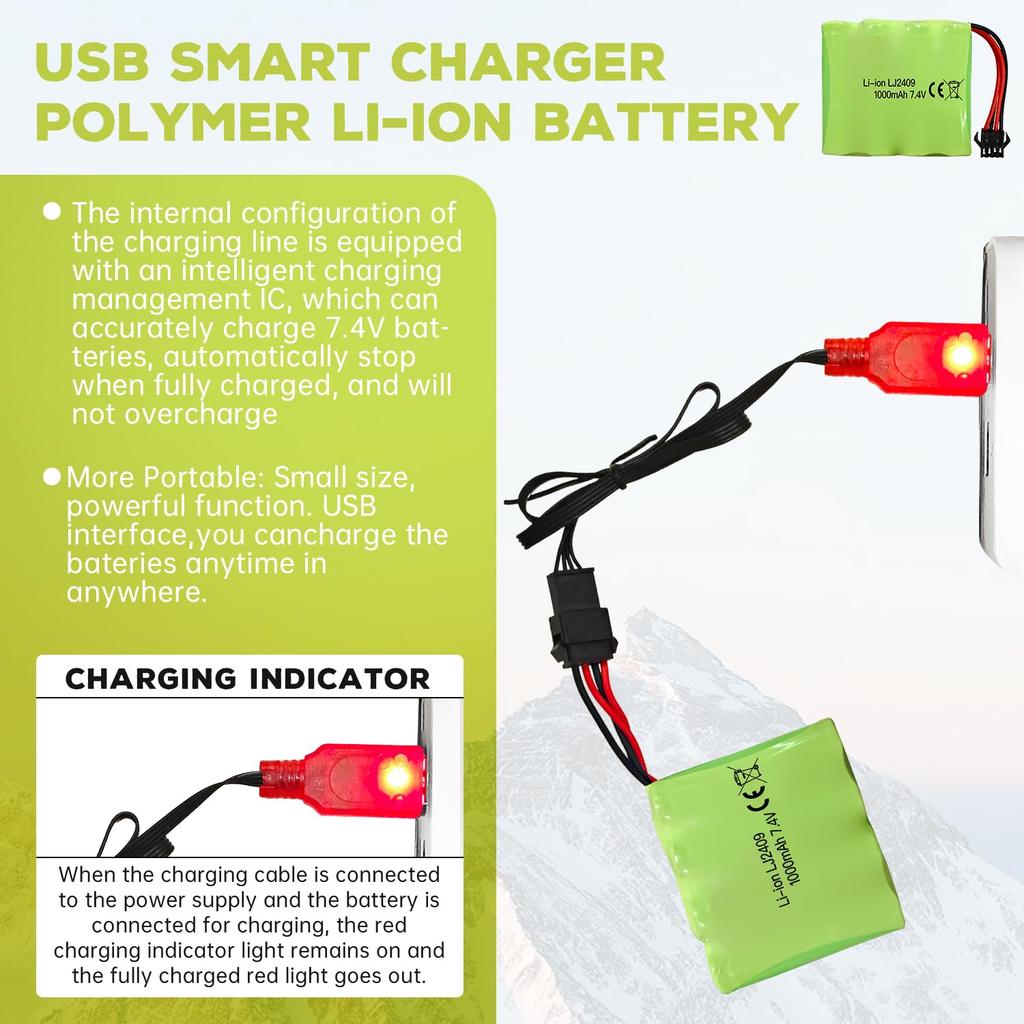 2PCS 7.4V 1000mAh SM-4P Plug Charger with USB Charging Cable for DE36W DE65 NO.1809 RC Toy Car Model Off-Road Hill Climbing Drift Racer