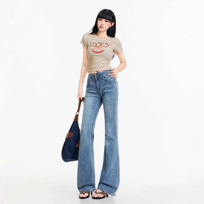 Spring Summer Double Button Waistband Micro Flare Elegant Stretch Casual Denim Pants For Women Casual Pants Oversize Denim Trousers
