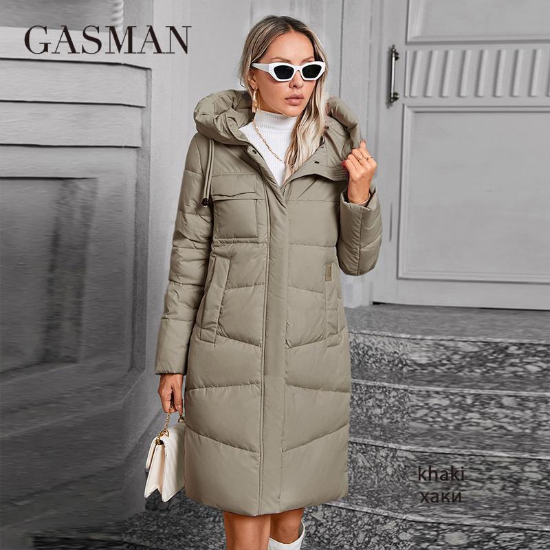 

GASMAN 2024 Женская длинная куртка-пуховик с классическим дизайном на молнии, большим карманом, воротником-стойкой, капюшоном, приталенное пальто, женские парки GM-83511 XL хаки
