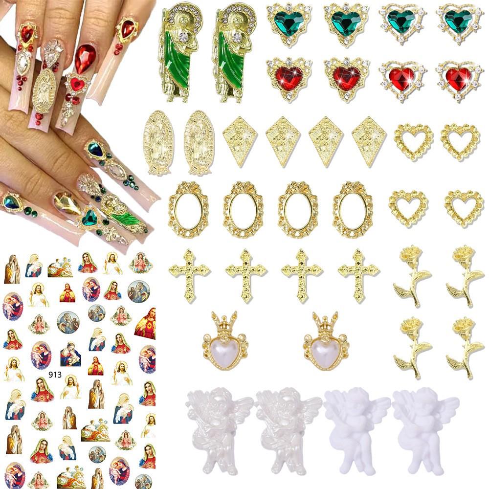 

Virgin Mary & Cross Gold Nail Charms Set - 39 Pcs: Heart, Rose, Angel Stickers for Manicure