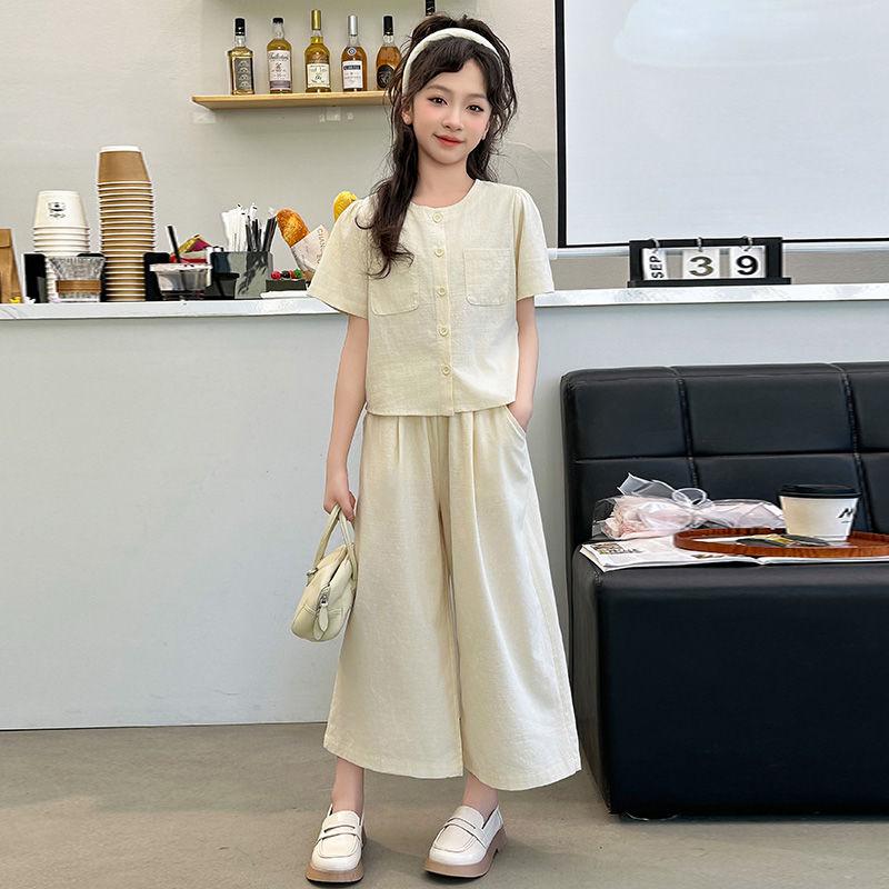 Sommer-Set für Mädchen Kurzarm-Oberteil Weitbein-Hose Mädchen Baumwolle und Leinen Zweiteiler Dünnes Sommer-Outfit