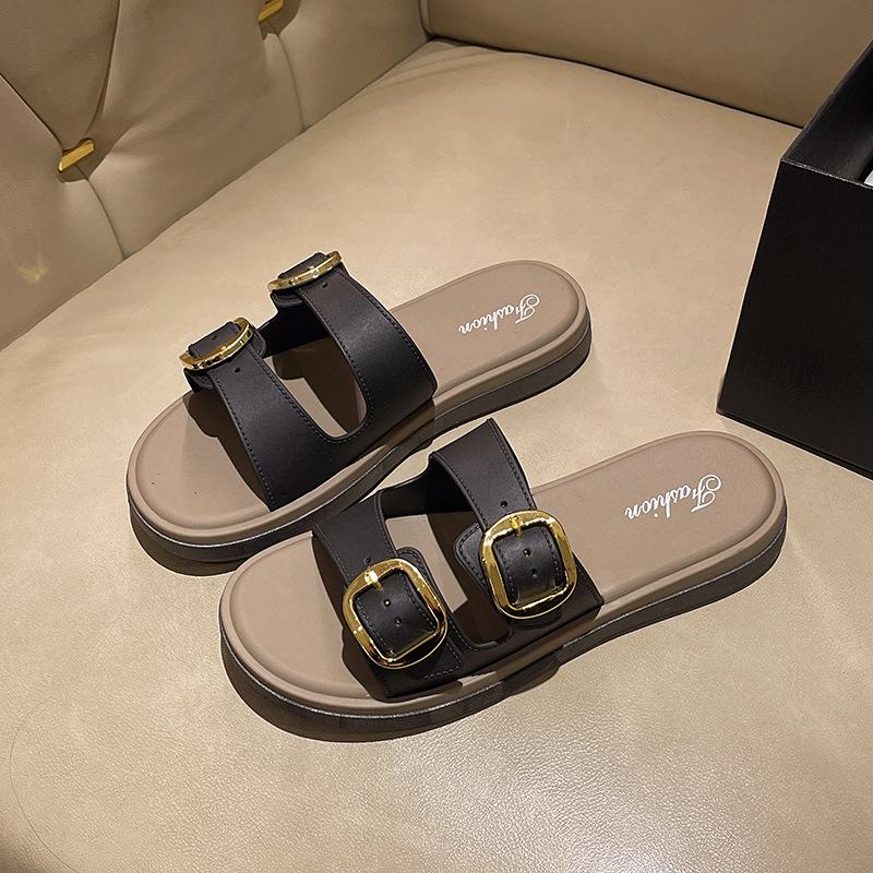 New retro soft bottom flat bottom belt buckle slippers women's summer beach non-slip one-word cool slippers
