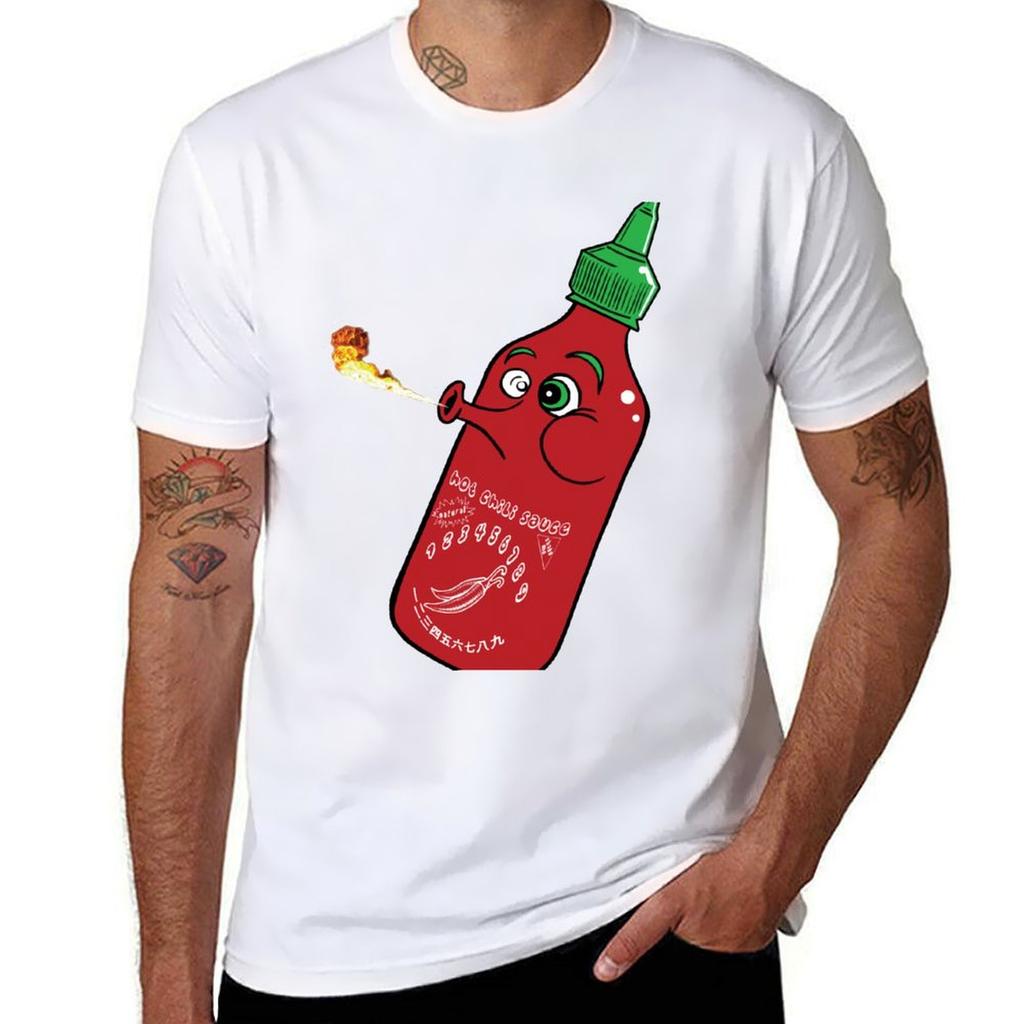 Sriracha Hot Chili Sauce Abcs Of Groceries Cartoon Tshirt Basic Solid Color Short Sleeve Tshirt