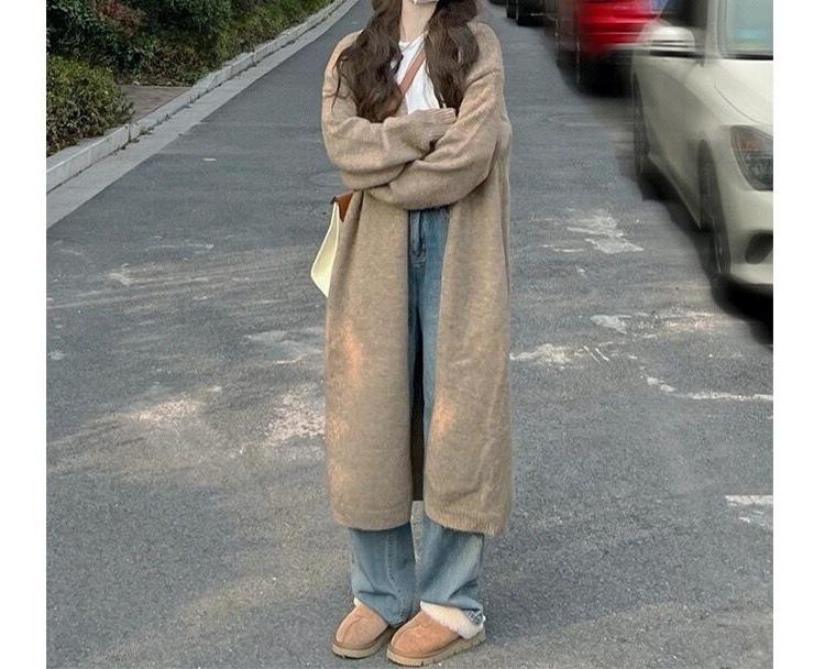 

Осень-зима Новая мода V-образный вырез длинный рукав однотонный средней длины кардиган женская одежда свободные корейские трикотажные трендовые топы One Size бежевый