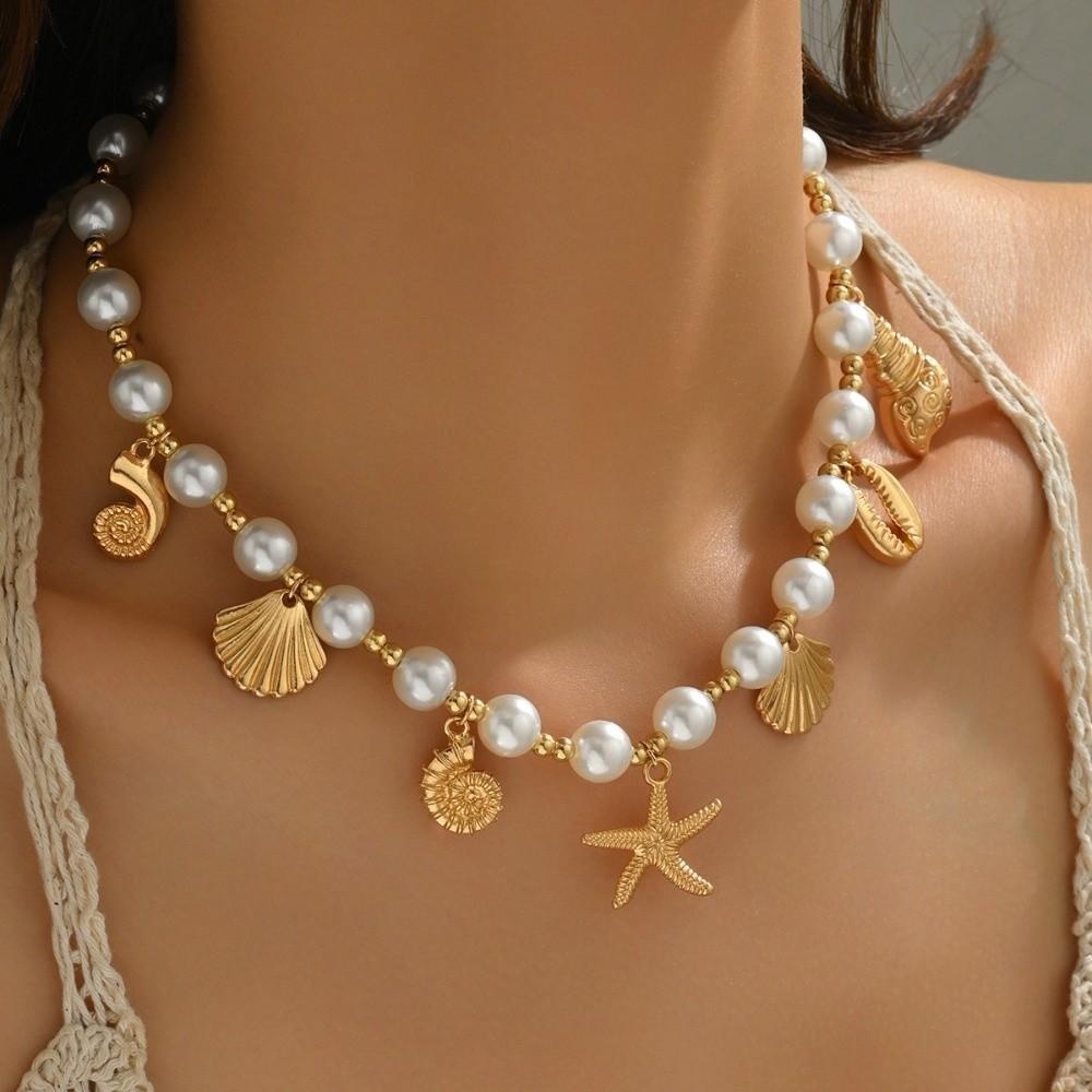 Elegant Tassel Starfish Shells Necklace Metal Clavicle Chain Exquisite Charm Choker