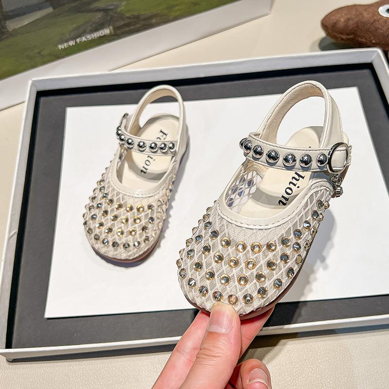 Girls Mesh Rhinestone Decor Mary Jane Flat Casual Sandals 23 бежевый