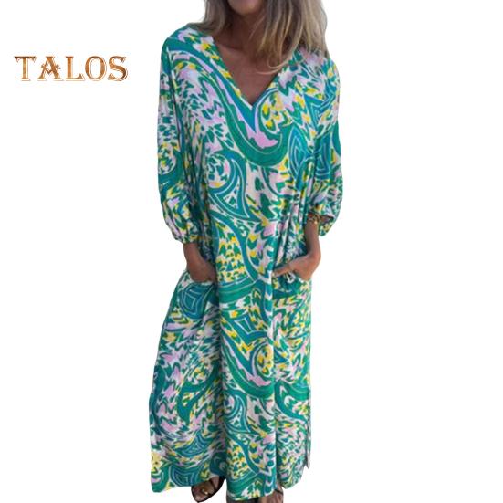 

Женское принтованное макси-платье весна-лето с V-образным вырезом в стиле бохо, праздничное платье с длинными рукавами, свободное платье с карманами для повседневной жизни, вечеринок, пляжа M зелёный