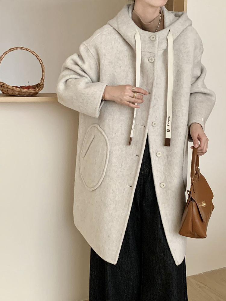 

Loose small cocoon casual hooded double-sided wool coat autumn and winter single-breasted medium and long S