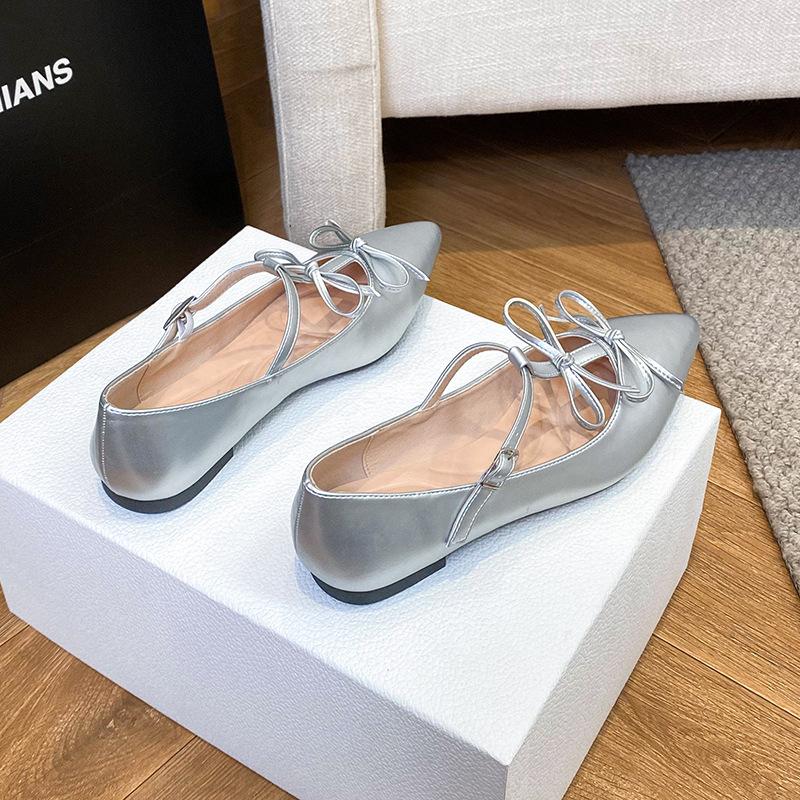 Gentle Pointed Mary Jane Shoes Silver French Small Beautiful Light Mouth Single Shoes Women's Flat Bottom Bow Flat Bottom Temperament Shoes