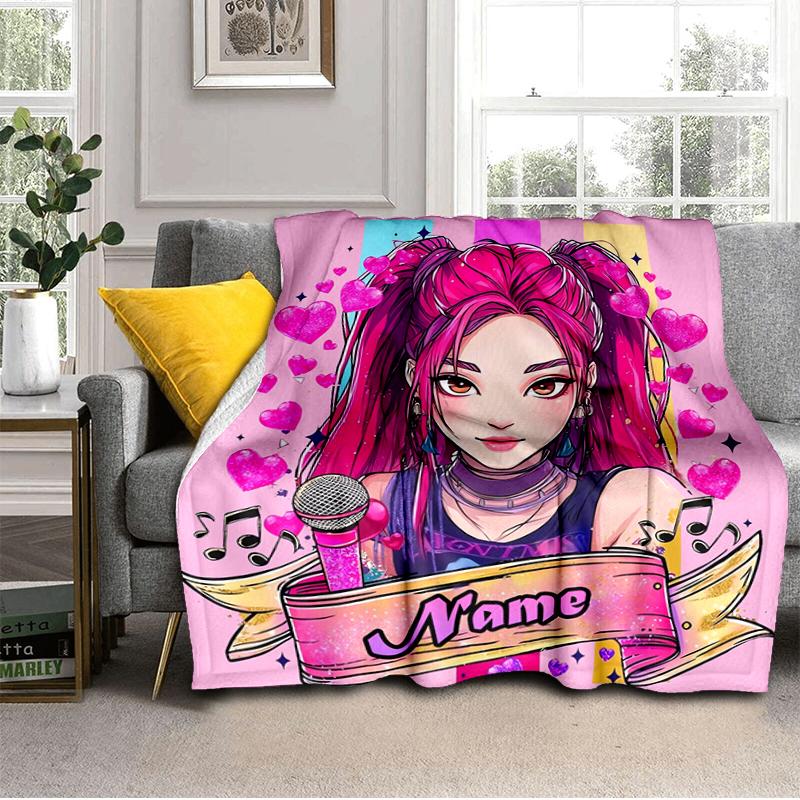 1PC Custom Name Pink Hair Hearts flannel blanket versatile, all-season throw suitable for the living room, bedroom, camping, travel, and gift