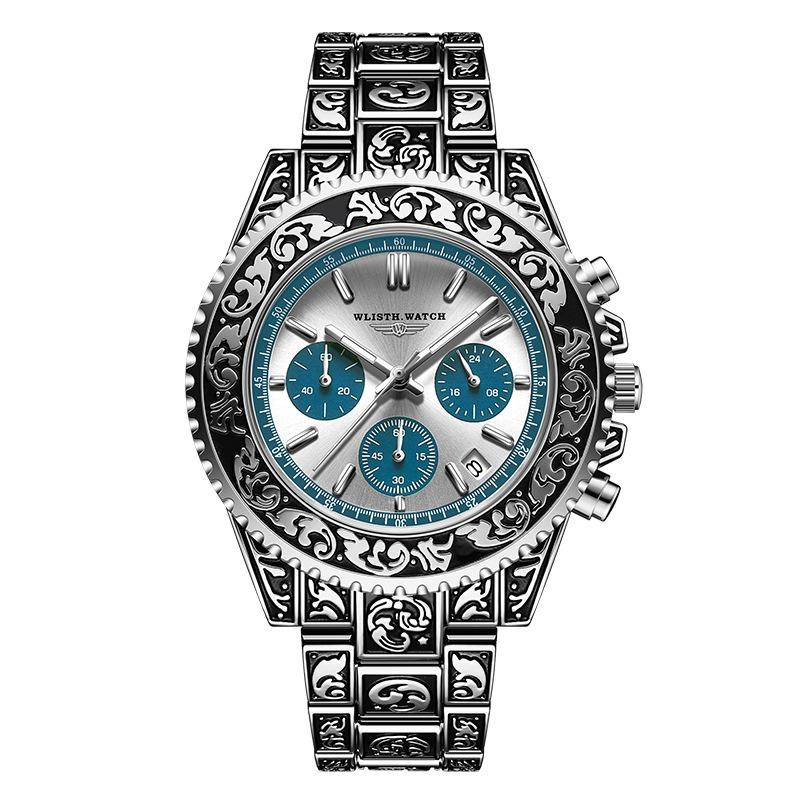 Top Brand Multifunctional Men's Watch Retro Luminous Carved Quartz Calendar Watch