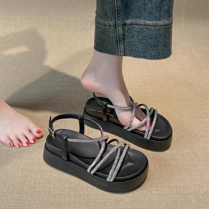 Sheepskin version~ Small thick-soled sandals for women's summer wear 2025 new summer fashion high-end rhinestone sandals