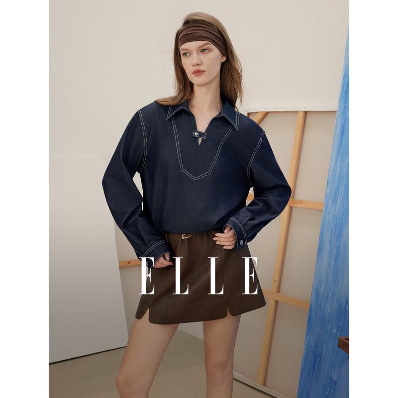 

ELLE Women s French Retro Pleated Denim Shirt S