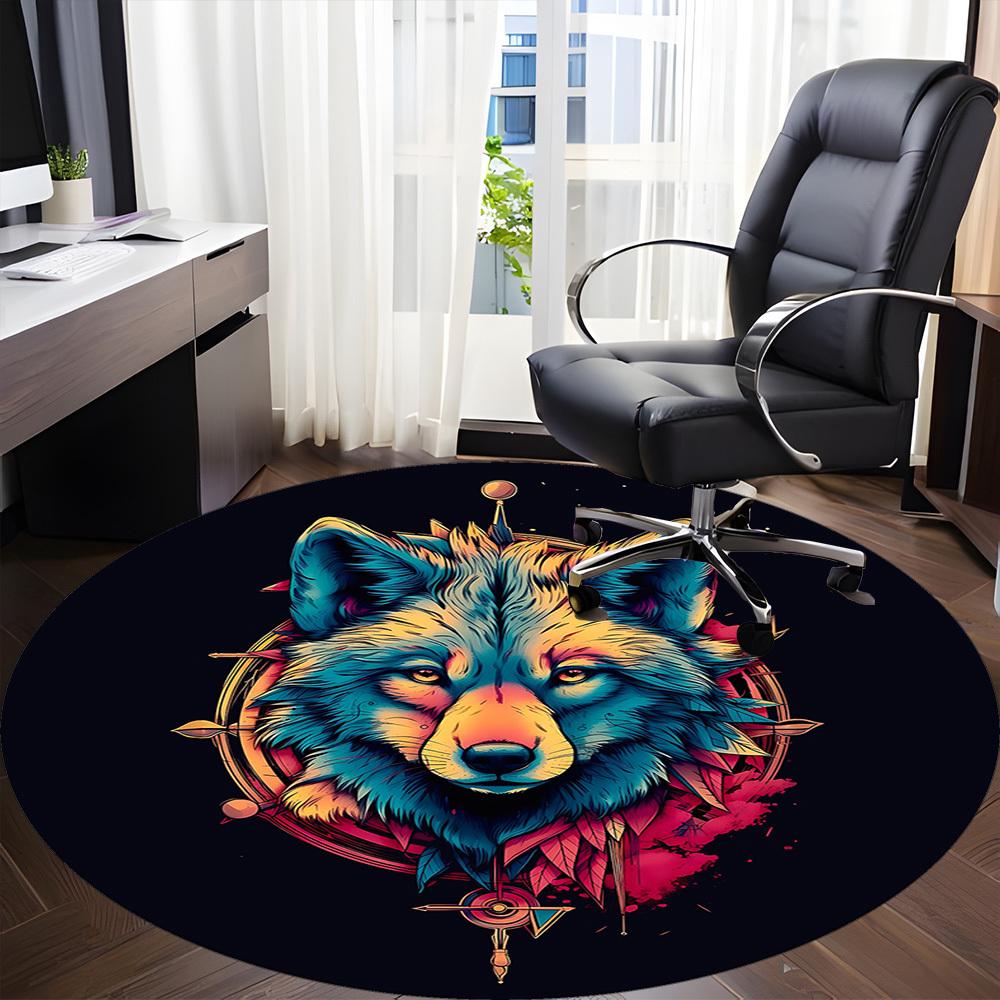 1 Stück Wolfsgeist Büro Runder Teppich, Unter Bürostühlen Schlafzimmer Wohnzimmer Heimdekoration, Raumdeko